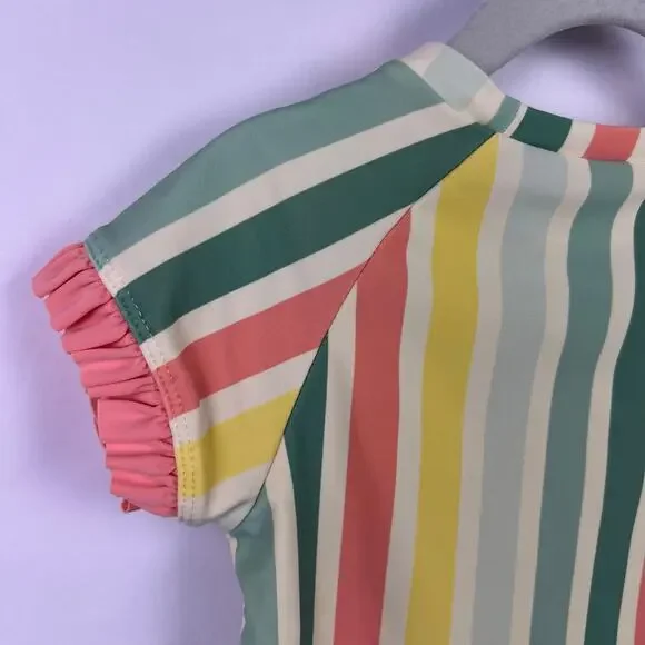 RuffleButts Rainbow Stripe Rash Guard Girls, Ruffle Trim, Swim Top, 2T-3T - Picture 6 of 8